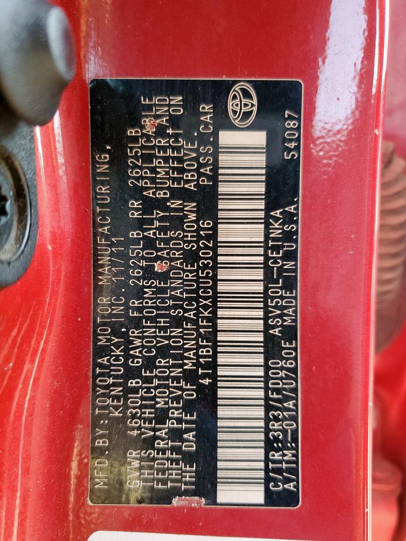 4T1BF1FKXCU530216 - 2012 TOYOTA CAMRY BASE RED photo 13