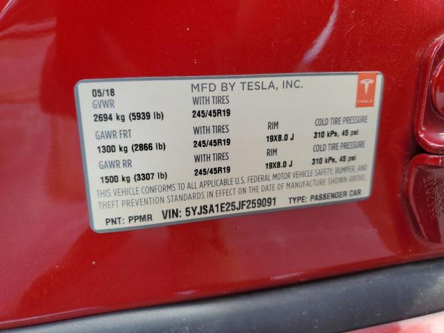 5YJSA1E25JF259091 - 2018 TESLA MODEL S Կարմիր լուսանկար 13