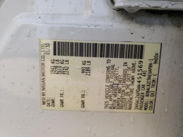 1N4AL2AP0AN451569 - 2010 NISSAN ALTIMA BASE Սպիտակ լուսանկար 12