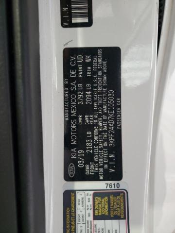 3KPF24AD7KE105030 - 2019 KIA FORTE FE WHITE photo 12