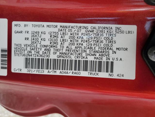 5TETU62N47Z436230 - 2007 TOYOTA TACOMA PRERUNNER ACCESS CAB RED photo 12