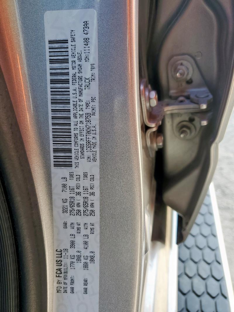 1C6SRFFT0KN718759 - 2019 RAM 1500 BIG HORN/LONE STAR SILVER photo 13