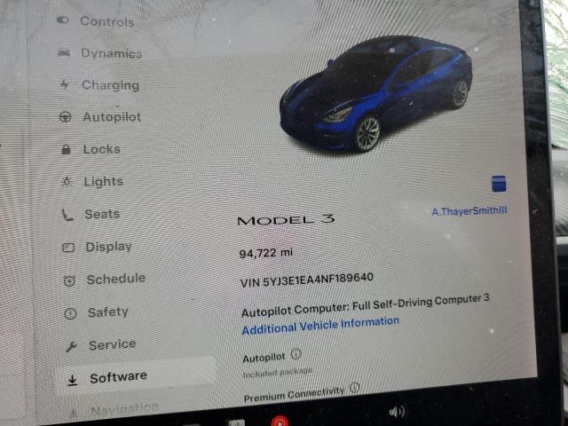 5YJ3E1EA4NF189640 - 2022 TESLA MODEL 3 蓝色 照片 9