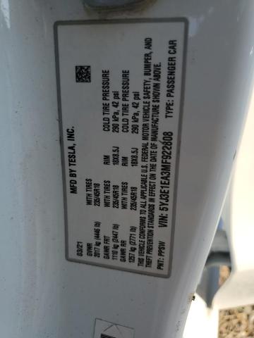 5YJ3E1EA3MF922808 - 2021 TESLA MODEL 3 白色 照片 13