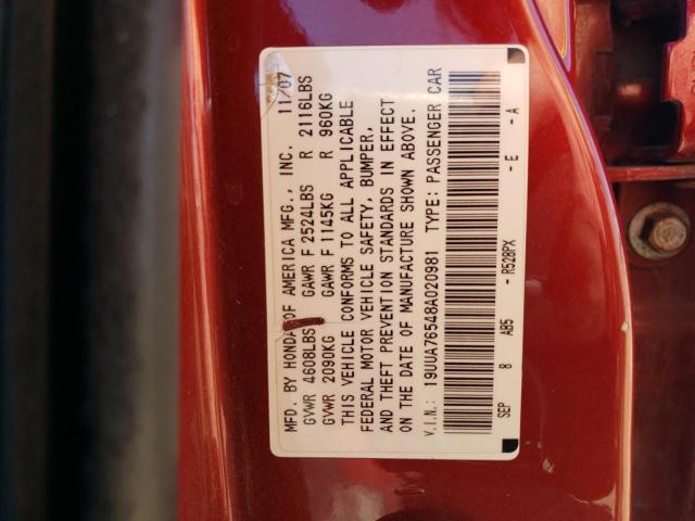 19UUA76548A020981 - 2008 ACURA TL TYPE S RED photo 12