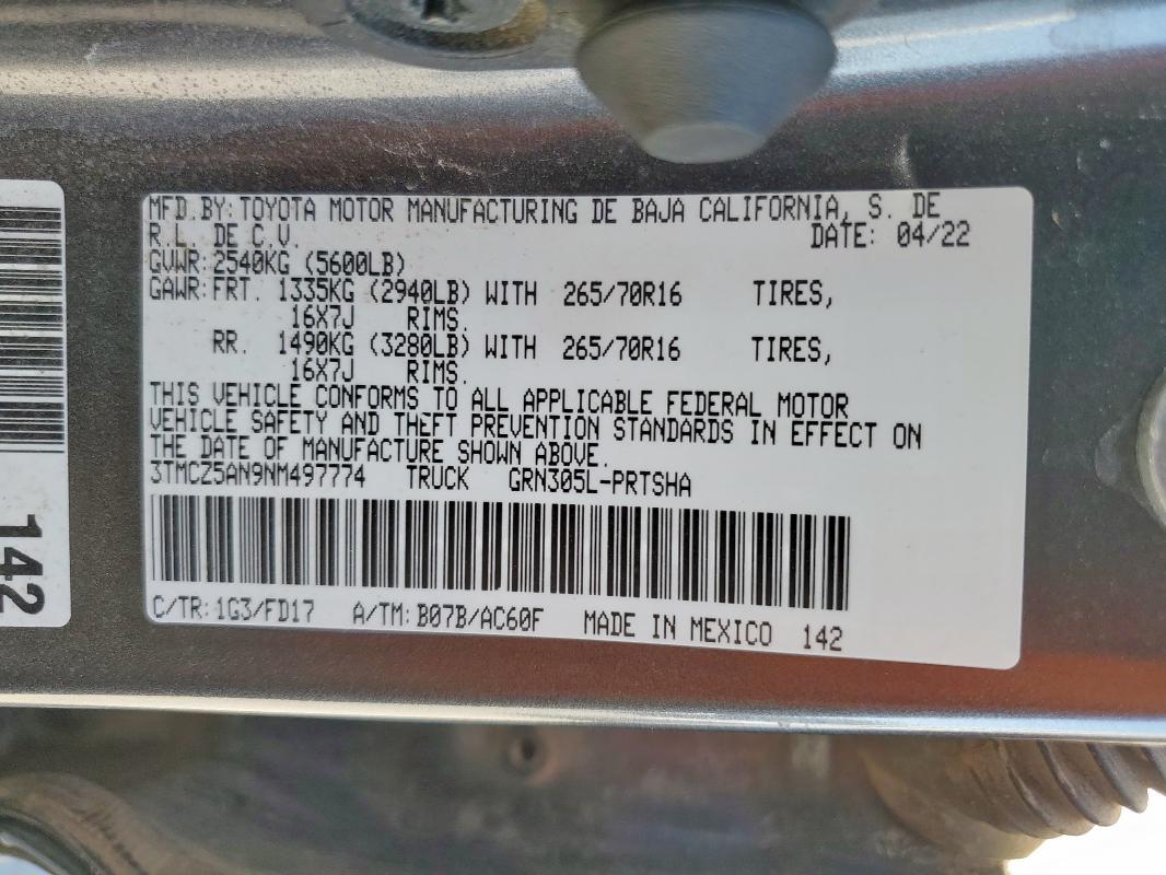 3TMCZ5AN9NM497774 - 2022 TOYOTA TACOMA DOUBLE CAB GRAY photo 12