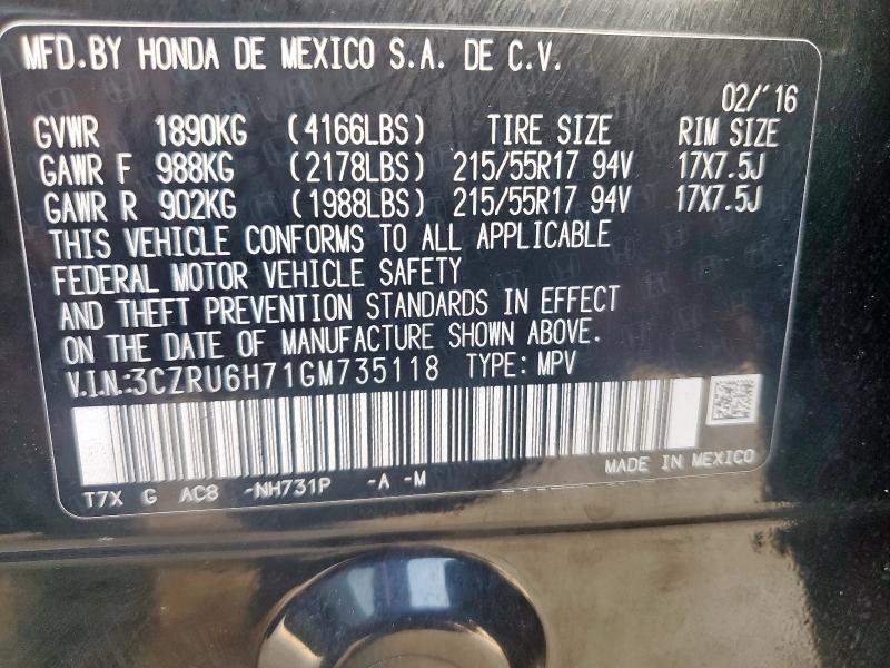 3CZRU6H71GM735118 - 2016 HONDA HR-V EXL BLACK photo 14