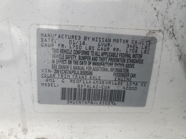 3N1CN7AP8JL850596 - 2018 NISSAN VERSA S 白色 照片 12