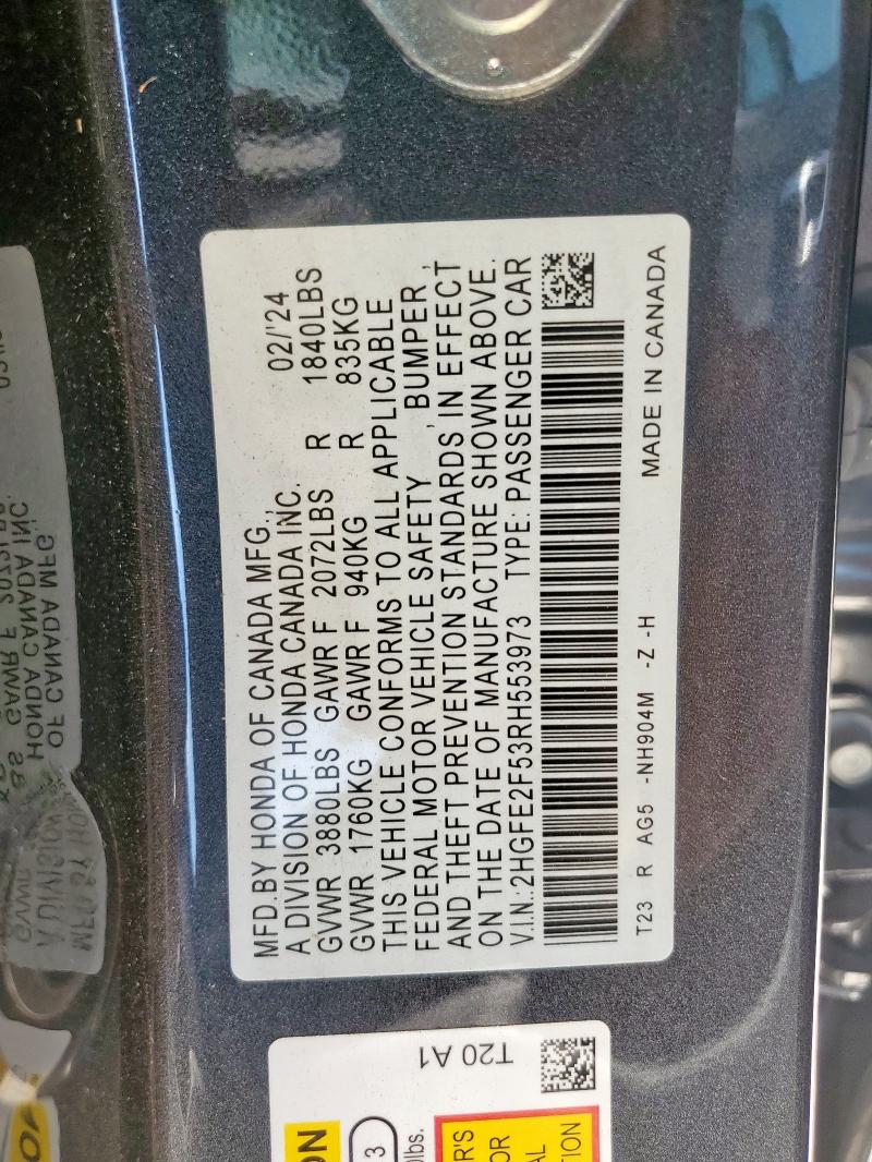 2HGFE2F53RH553973 - 2024 HONDA CIVIC SPORT ნაცრისფერი ფოტო 13