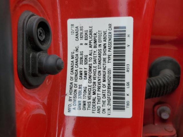 2HGFC2F89KH521051 - 2019 HONDA CIVIC SPORT Rot Foto 12