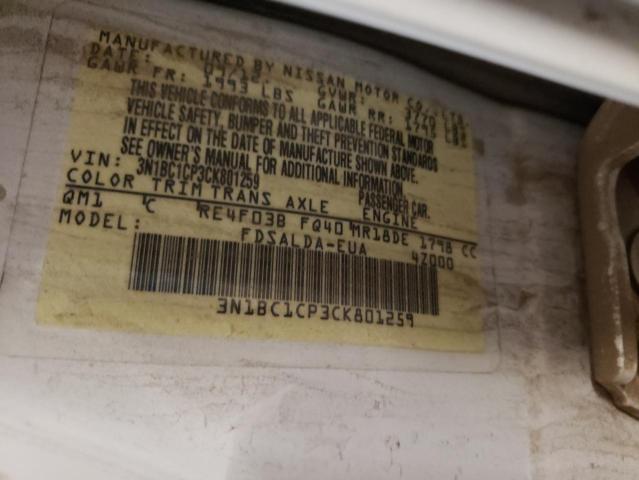 3N1BC1CP3CK801259 - 2012 NISSAN VERSA S WHITE photo 12