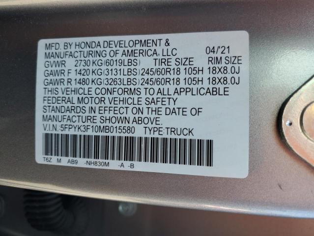 5FPYK3F10MB015580 - 2021 HONDA RIDGELINE SPORT SILVER photo 12