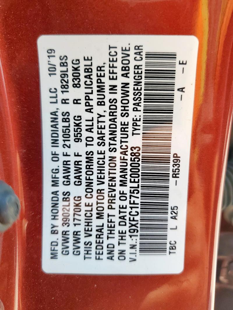 19XFC1F75LE000583 - 2020 HONDA CIVIC EXL ORANGE photo 12