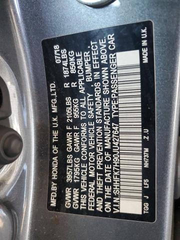 SHHFK7H90JU427647 - 2018 HONDA CIVIC SPORT TOURING GRAY photo 12