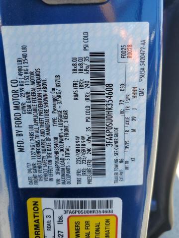 3FA6P0SU0HR354608 - 2017 FORD FUSION TITANIUM PHEV ლურჯი ფოტო 12