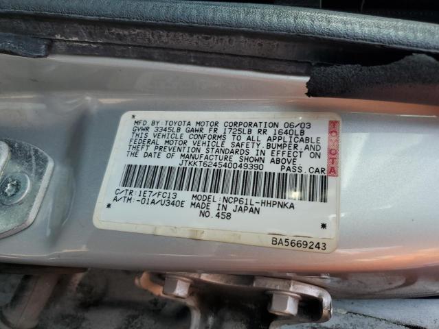 JTKKT624540049390 - 2004 TOYOTA SCION XA SILVER photo 12