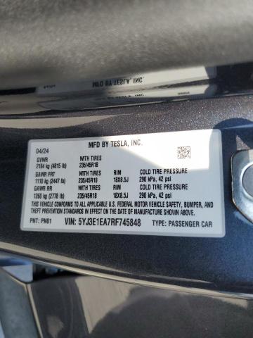 5YJ3E1EA7RF745848 - 2024 TESLA MODEL 3 GRAY photo 12