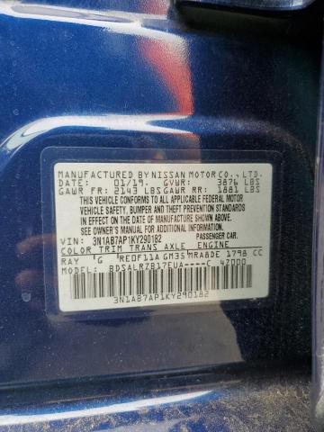 3N1AB7AP1KY290182 - 2019 NISSAN SENTRA S BLUE photo 13