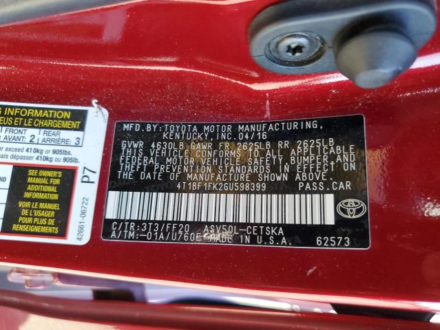 4T1BF1FK2GU598399 - 2016 TOYOTA CAMRY LE MAROON photo 12