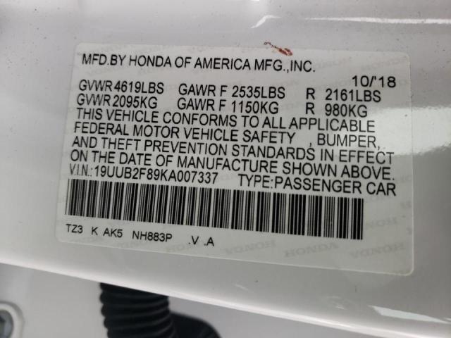 19UUB2F89KA007337 - 2019 ACURA TLX ADVANCE თეთრი ფოტო 10
