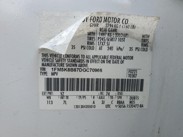 1FM5K8B87DGC70966 - 2013 FORD EXPLORER WHITE photo 13