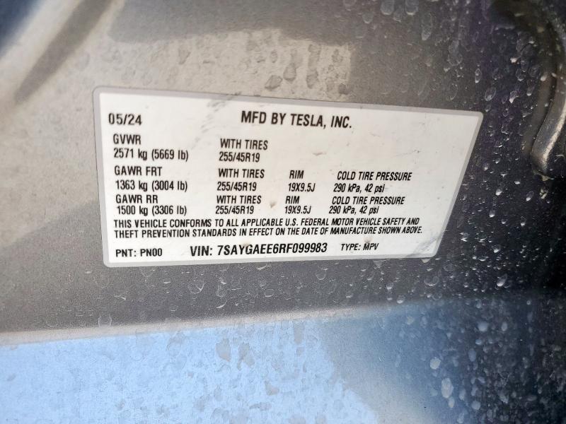 7SAYGAEE6RF099983 - 2024 TESLA MODEL Y 灰色 照片 12