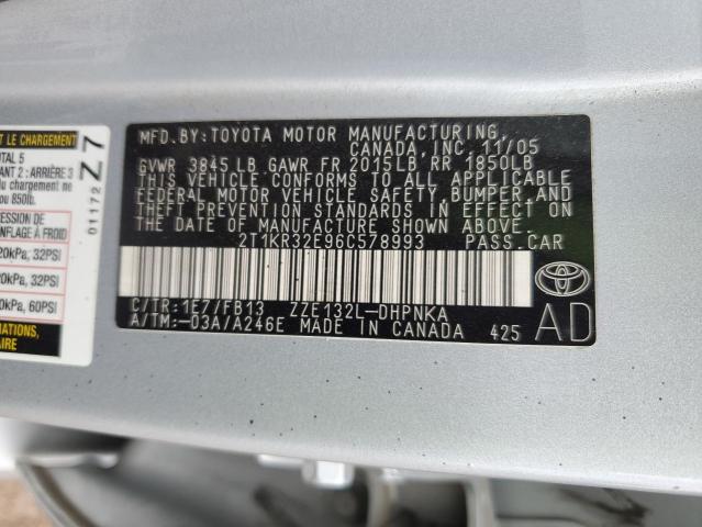 2T1KR32E96C578993 - 2006 TOYOTA COROLLA MA XR SILVER photo 12