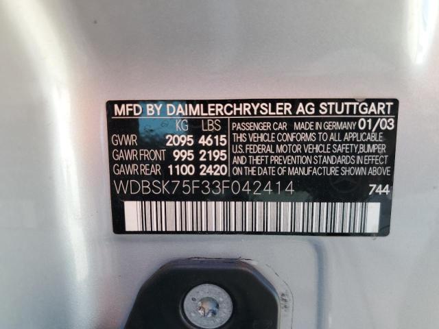 WDBSK75F33F042414 - 2003 MERCEDES-BENZ SL 500R SILVER photo 12