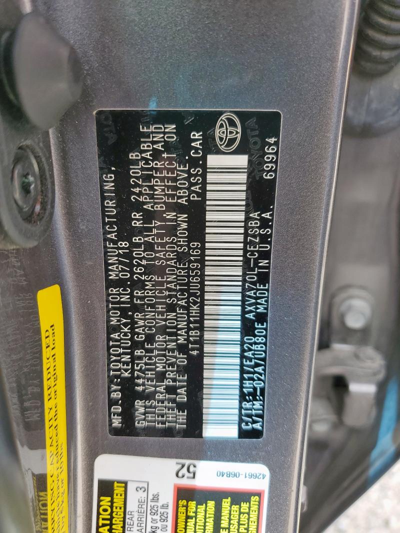4T1B11HK2JU659169 - 2018 TOYOTA CAMRY L CHARCOAL photo 12