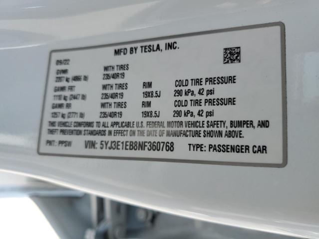 5YJ3E1EB8NF360768 - 2022 TESLA MODEL 3 WHITE photo 12