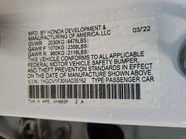 1HGCV1F30NA035162 - 2022 HONDA ACCORD SPORT WHITE photo 12