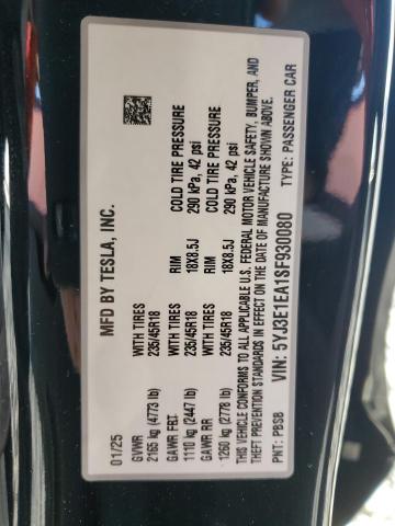 5YJ3E1EA1SF930080 - 2025 TESLA MODEL 3 BLACK photo 12