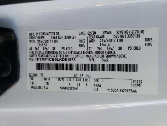 1FTMF1CB5LKD81873 - 2020 FORD F150 WHITE photo 13