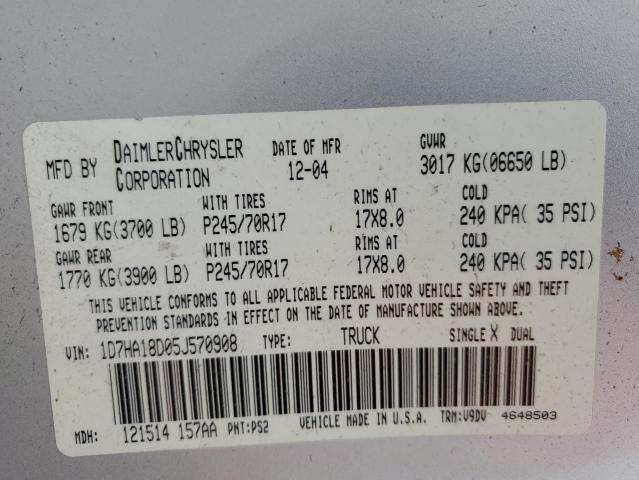 1D7HA18D05J570908 - 2005 DODGE RAM 1500 ST SILVER photo 12