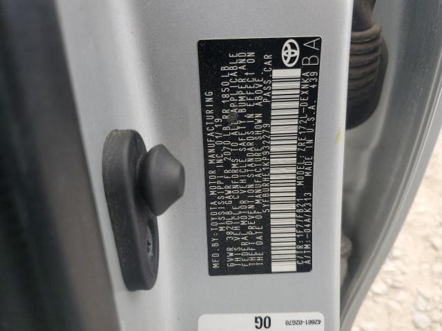 5YFBURHE1KP932279 - 2019 TOYOTA COROLLA L SILVER photo 12