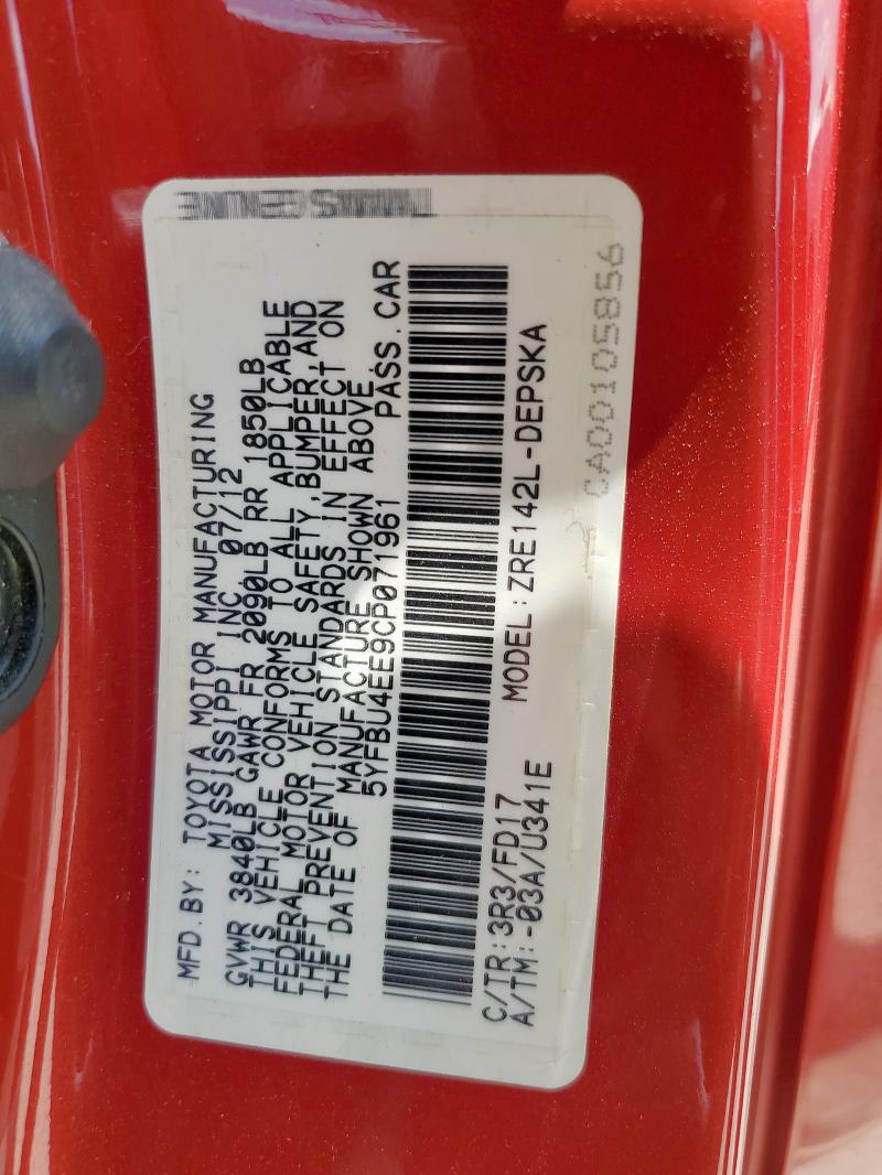 5YFBU4EE9CP071961 - 2012 TOYOTA COROLLA BASE 红色 照片 13