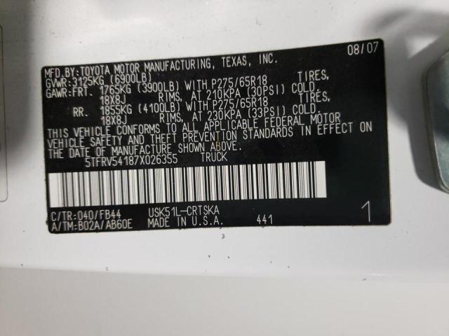 5TFRV54187X026355 - 2007 TOYOTA TUNDRA DOUBLE CAB SR5 WHITE photo 12