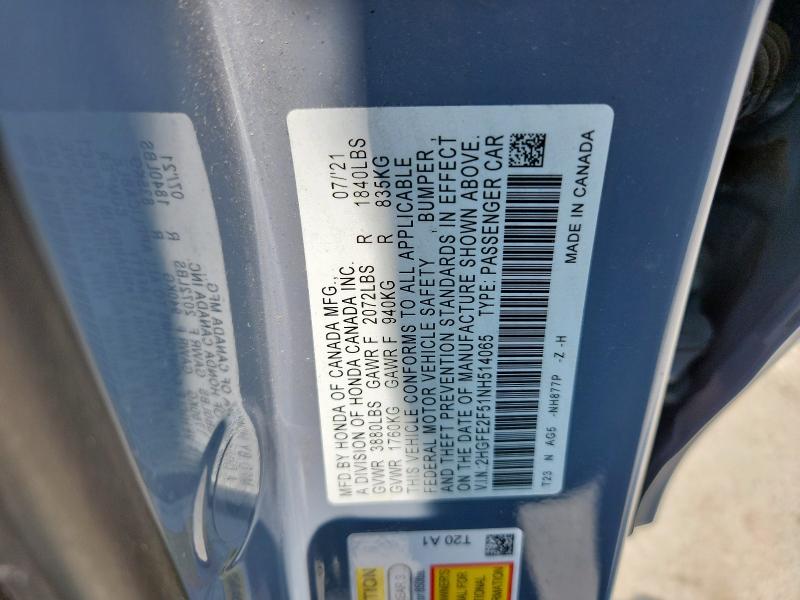 2HGFE2F51NH514065 - 2022 HONDA CIVIC SPORT 灰色 照片 12