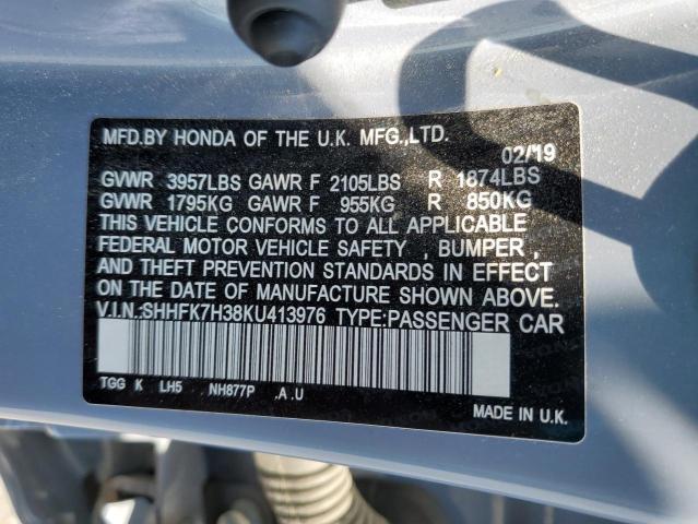 SHHFK7H38KU413976 - 2019 HONDA CIVIC LX ლურჯი ფოტო 12