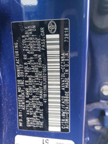 4T1B11HK1JU521607 - 2018 TOYOTA CAMRY L BLUE photo 12