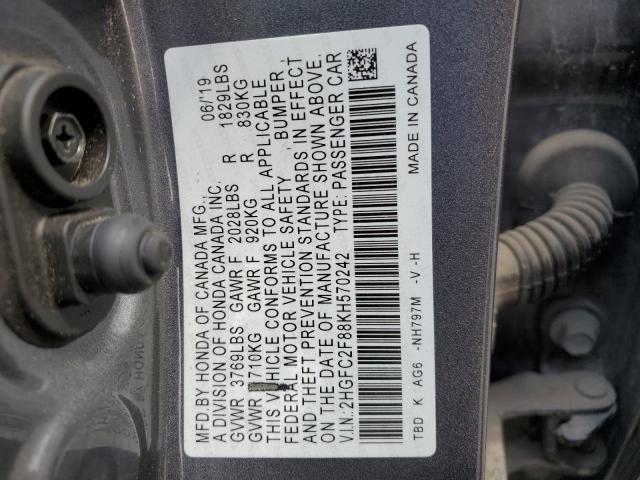 2HGFC2F88KH570242 - 2019 HONDA CIVIC SPORT 黑色 照片 12