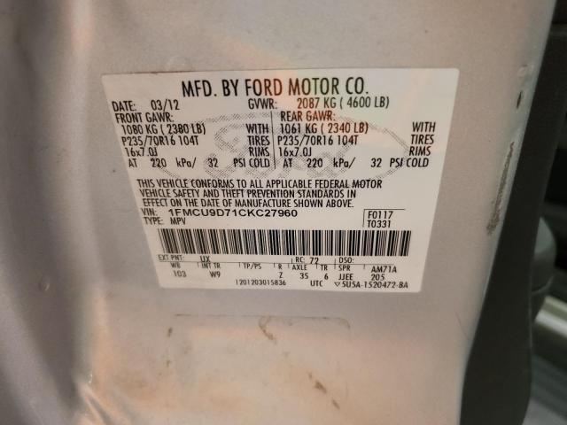 1FMCU9D71CKC27960 - 2012 FORD ESCAPE XLT SILVER photo 14