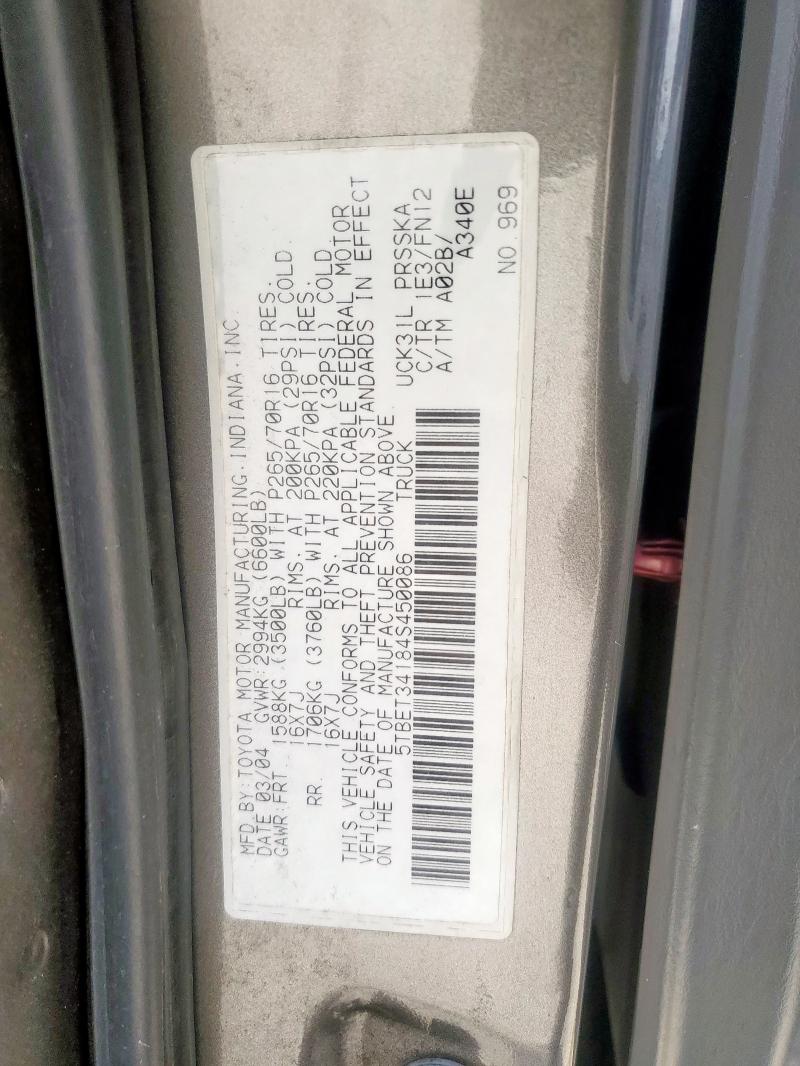 5TBET34184S450086 - 2004 TOYOTA TUNDRA DOUBLE CAB SR5 GRAY photo 12