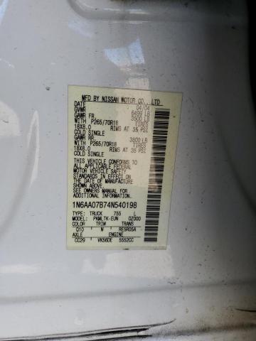 1N6AA07B74N540198 - 2004 NISSAN TITAN XE WHITE photo 13