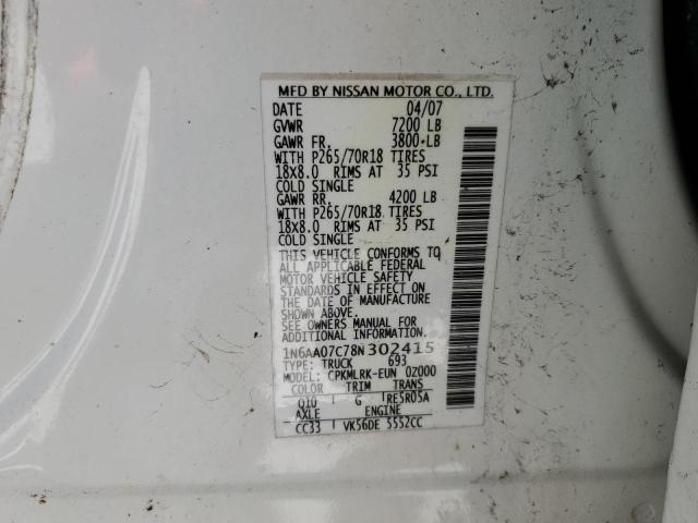 1N6AA07C78N302415 - 2008 NISSAN TITAN XE WHITE photo 12