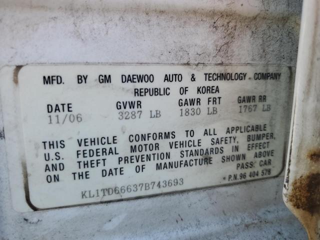 KL1TD66637B743693 - 2007 CHEVROLET AVEO BASE WHITE photo 12