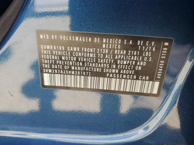 3VW2B7AJ3HM281672 - 2017 VOLKSWAGEN JETTA S BLUE photo 12