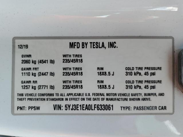 5YJ3E1EA0LF633061 - 2020 TESLA MODEL 3 Սպիտակ լուսանկար 12