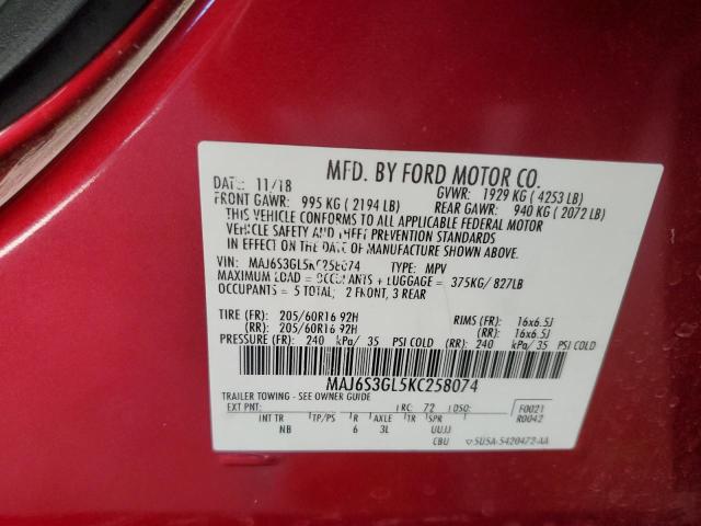 MAJ6S3GL5KC258074 - 2019 FORD ECOSPORT SE Қызыл фото 12