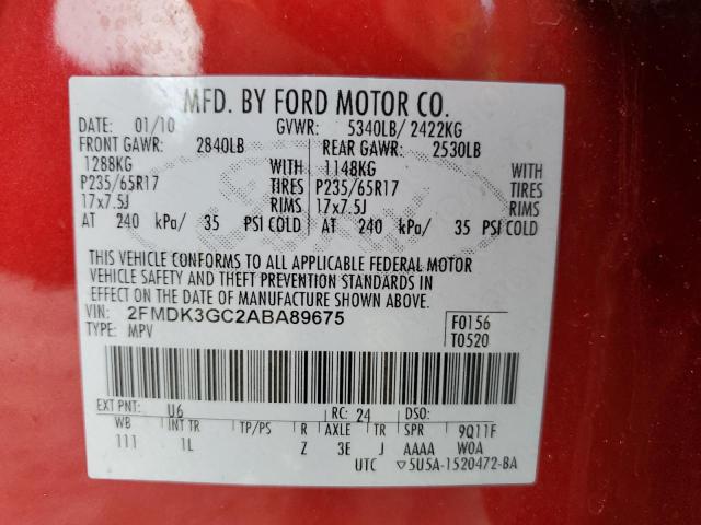 2FMDK3GC2ABA89675 - 2010 FORD EDGE SE RED photo 13